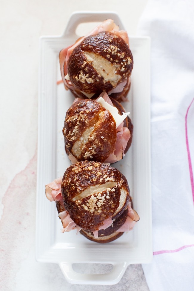 Ham and Cheese Sandwiches on Pretzel Slider Rolls from thelittlekitchen.net Ham and Cheese Sandwiches on Pretzel Slider Rolls from thelittlekitchen.net