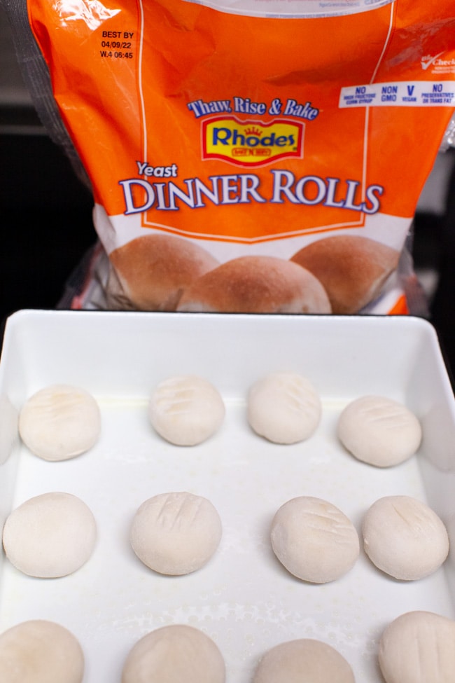 Parmesan Garlic Rolls from thelittlekitchen.net Rhodes frozen dinner rolls in a baking dish