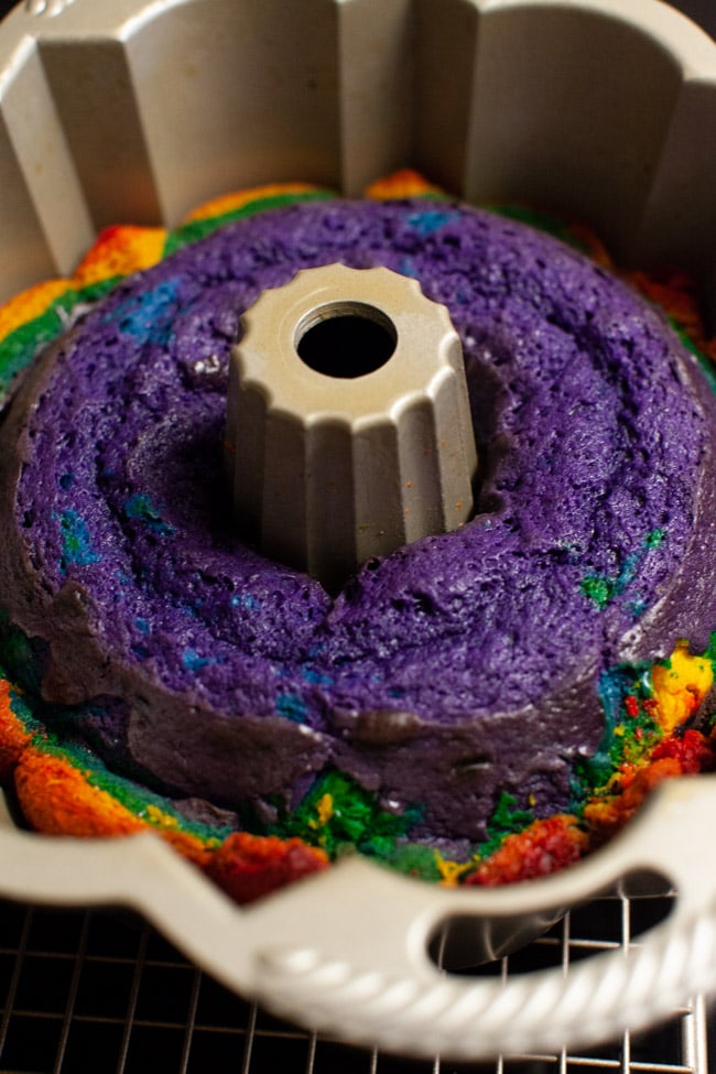 Rainbow Bundt Cake from thelittlekitchen.net Baked rainbow Bundt cake in Bundt cake pan