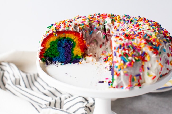 Rainbow Bundt Cake from thelittlekitchen.net Rainbow Bundt Cake on a tray