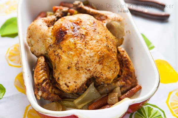 Crockpot Whole Chicken from TheLittleKitchen.net Crockpot Whole Chicken in a baking dish horizontal